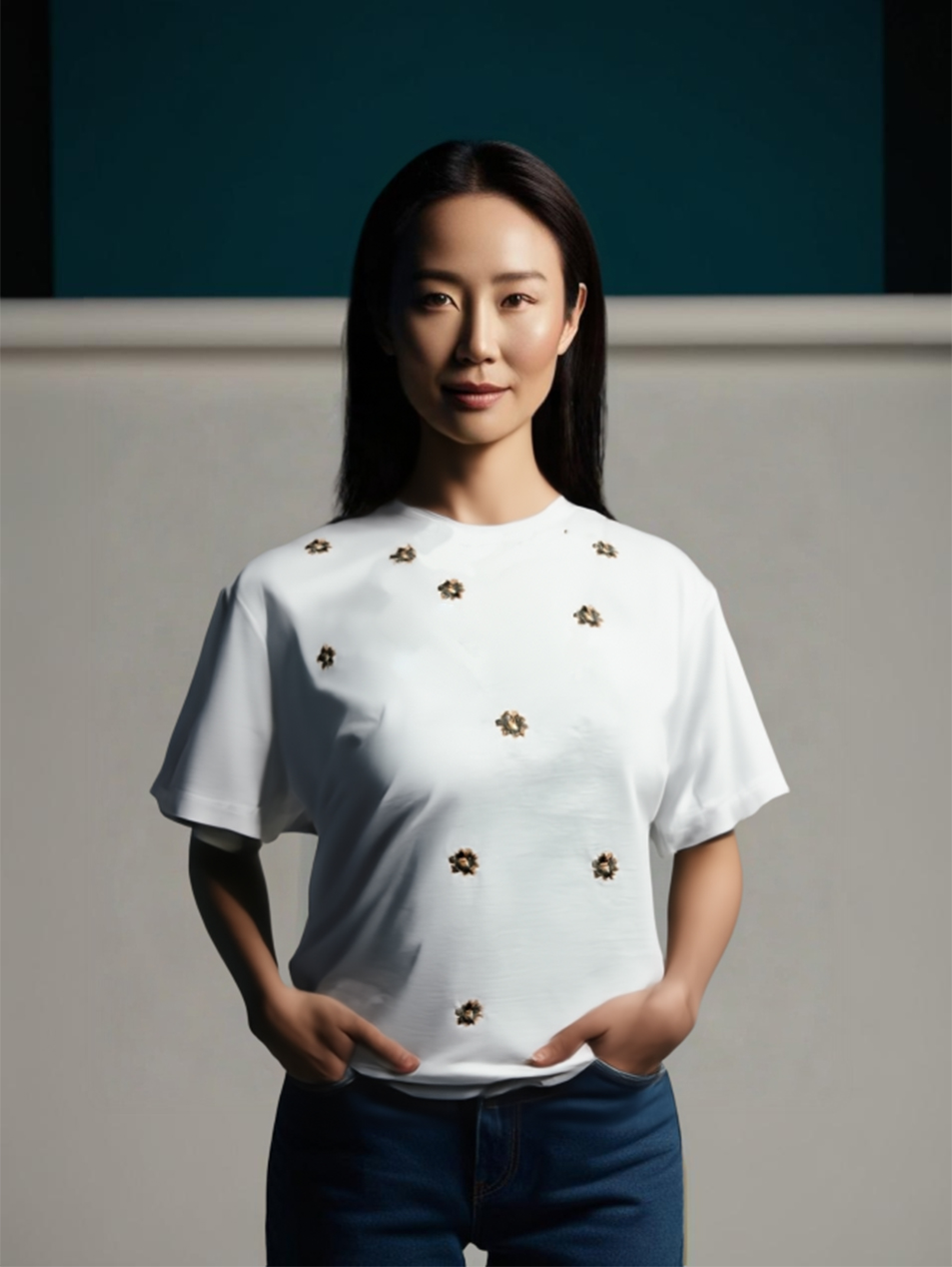 Kadın%20Beyaz%20Çiçek%20Nakışlı%20%100%20Pamuk%20Kısa%20Kollu%20Rahat%20Kalıp%20Yazlık%20Tişört